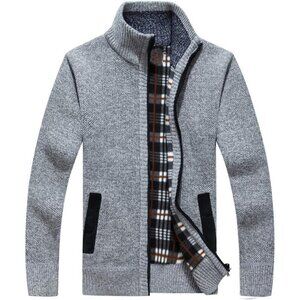 Men's Grey Casual Slim Full Zip Knitted Polyester Cardigan Sweater with Pocked